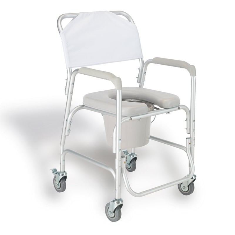Cadeira de banho e sanitária rodada em alumínio com assento almofadado